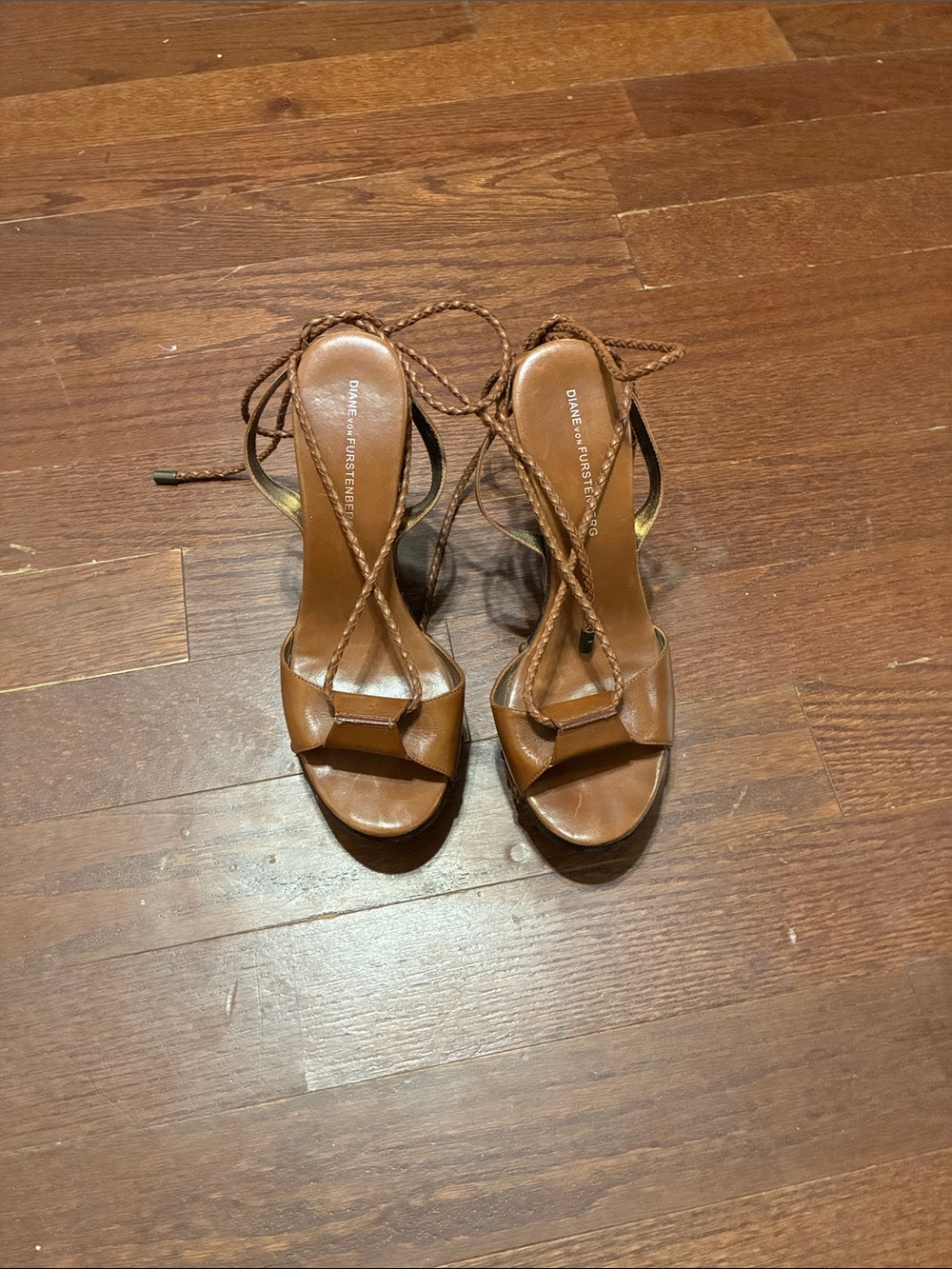 Diane Von Furstenberg Tan Braided Lace-Up Leather Sandals